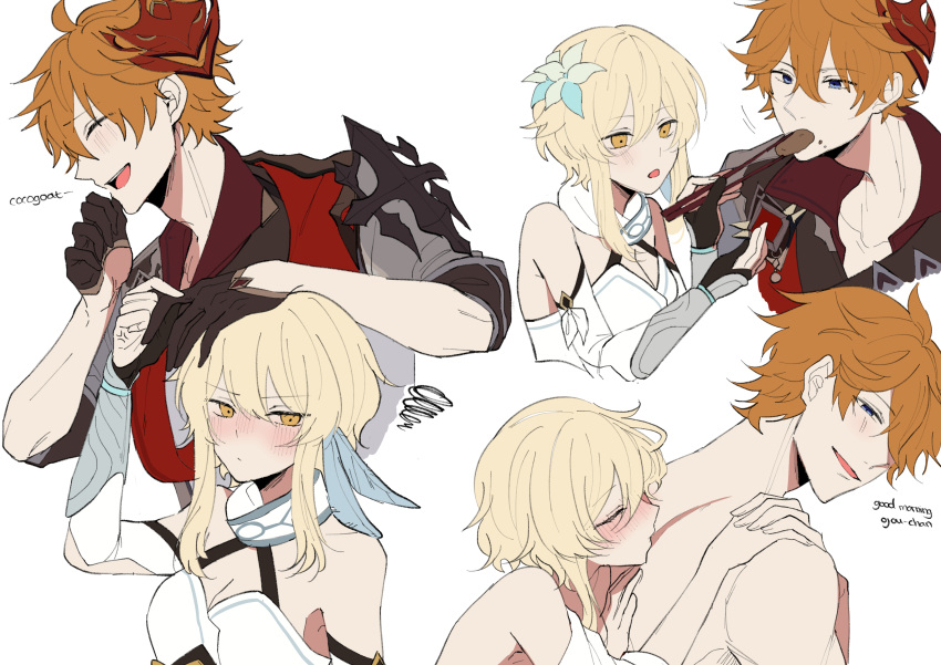 1boy, 1girl, absurdres, bangs, bare_shoulders, blonde_hair, blush, breasts
