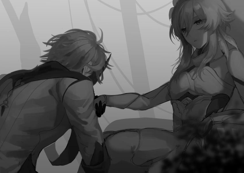 1boy, 1girl, absurdres, bare_shoulders, breasts, detached_sleeves, dress, empty_eyes