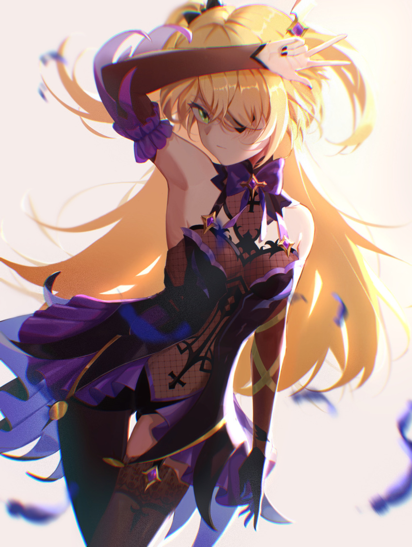 1girl, bangs, bare_shoulders, black_legwear, blonde_hair, bow, breasts, commentary_request, dr4v3n, dress, eyepatch, feathers, fischl_(genshin_impact), garter_straps, genshin_impact, gloves, green_eyes, hair_over_one_eye, hair_ribbon, highres, long_hair, looking_at_viewer, medium_breasts, ribbon, simple_background, single_glove, single_thighhigh, small_breasts, solo, thigh-highs, two_side_up, white_background