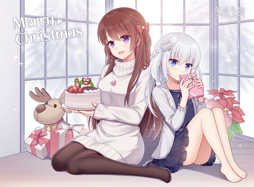 2girls, :d, :o, bangs, barefoot, black_dress, blue_eyes, box