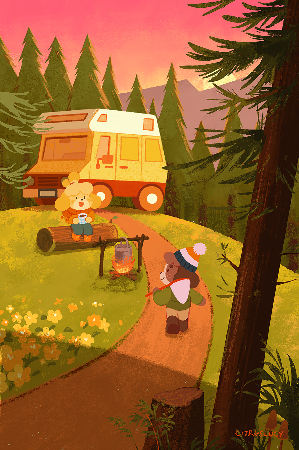 1boy, 1girl, :d, animal_crossing, camping, character_request, citruslucy, closed_mouth, commentary, english_commentary, eye_contact, fire, happy, hat, highres, isabelle_(animal_crossing), log, looking_at_another, open_mouth, outdoors, pine_tree, road, signature, sitting, sky, smile, tree, walking