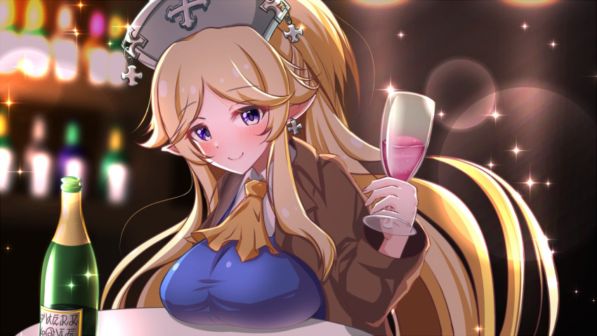1girl, alcohol, bangs, blonde_hair, blush, bottle, bow, breasts