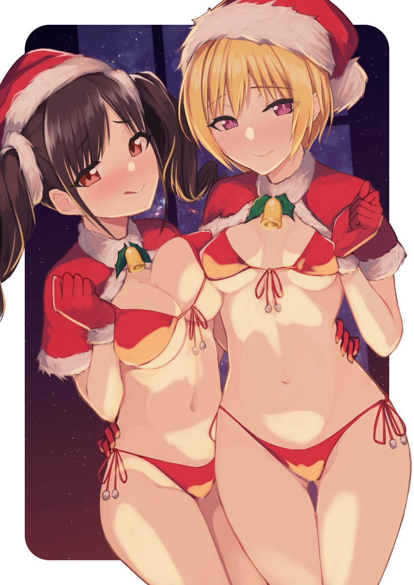 2girls, absurdres, asymmetrical_docking, bangs, bikini, black_hair, blonde_hair, breast_press