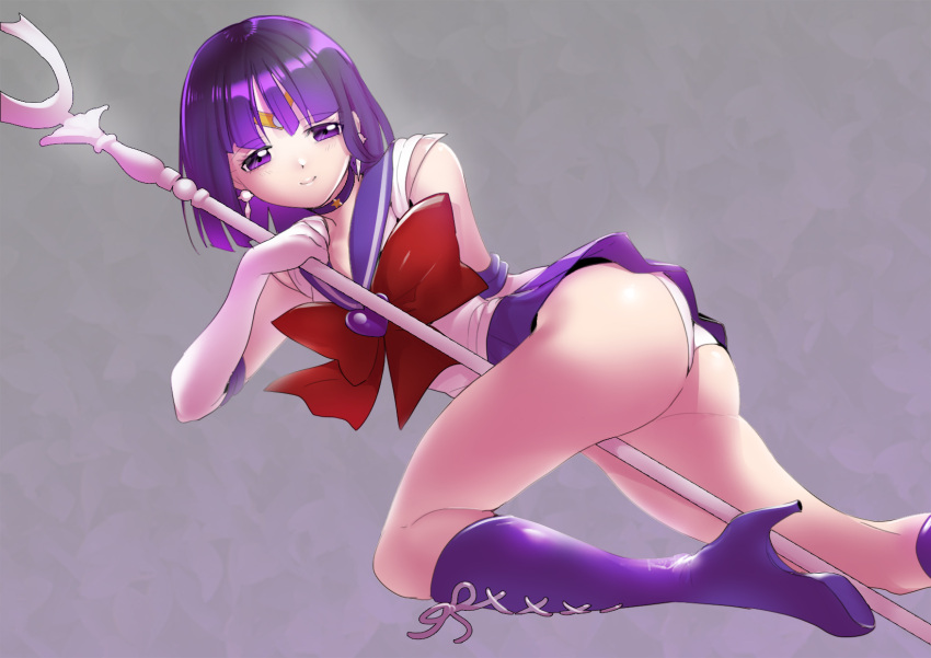 1girl, ass, back_bow, bishoujo_senshi_sailor_moon, boots, bow, breasts, choker, circlet, earrings, elbow_gloves, gloves, highres, jewelry, leotard, looking_at_viewer, lying, on_side, pleated_skirt, purple_hair, purple_sailor_collar, sailor_collar, sailor_saturn, sailor_senshi, sailor_senshi_uniform, shiny, shiny_hair, shiny_skin, short_hair, silence_glaive, skirt, solo, star_(symbol), star_choker, tomoe_hotaru, toppogi, violet_eyes, white_gloves, white_leotard