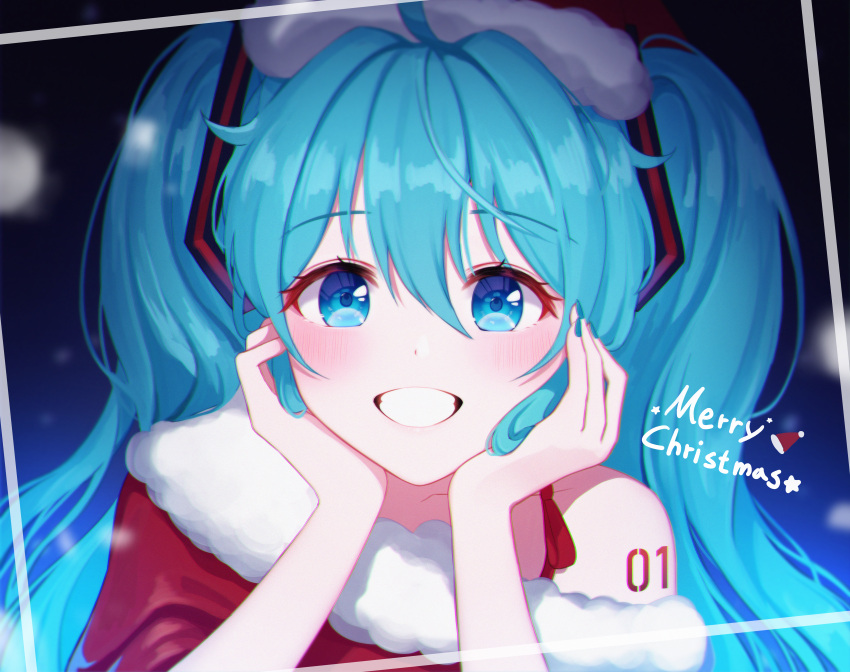 1girl, absurdres, ahoge, aqua_hair, bangs, blue_eyes, blue_nails, blush, christmas, collarbone, commentary_request, eyebrows_visible_through_hair, framed, fur-trimmed_jacket, fur_trim, grin, hair_between_eyes, hands_up, hat, hatsune_miku, highres, huge_filesize, jacket, long_hair, merry_christmas, nani_(goodrich), number, santa_hat, short_sleeves, shoulder_tattoo, single_bare_shoulder, smile, solo, tattoo, twintails, very_long_hair, vocaloid