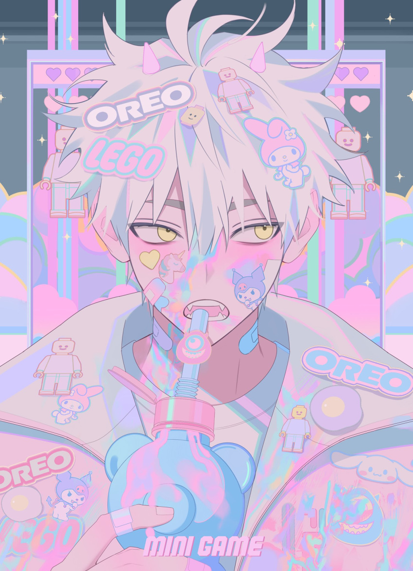 1boy, bandaid, bandaid_on_face, bandaid_on_hand, bandaid_on_neck, bangs, bottle, drinking_straw