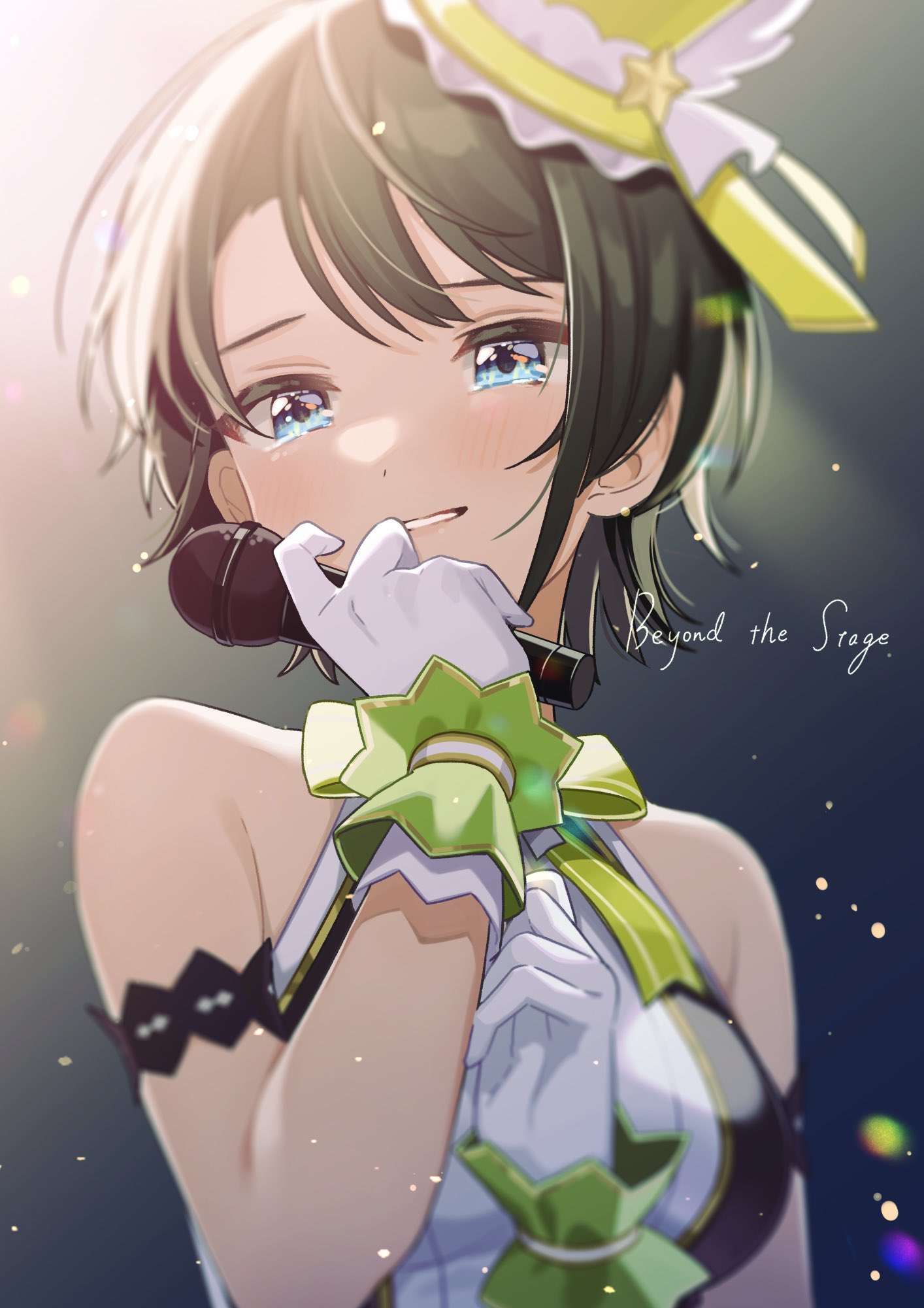 1girl, arm_strap, backlighting, bangs, bare_shoulders, black_hair, blue_eyes, blush