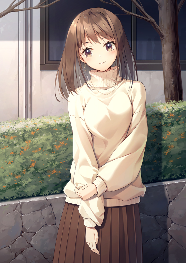 1girl, bangs, blush, brown_eyes, brown_hair, brown_skirt, building, closed_mouth