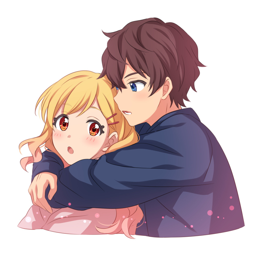 1boy, 1girl, :o, aikatsu!_(series), aikatsu_stars!, blonde_hair, blue_eyes, blue_shirt