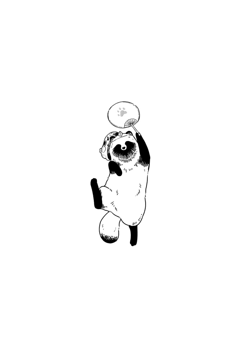 animal_focus, fan, full_body, hand_up, highres, holding, holding_fan, jumping, looking_at_viewer, mask, mask_on_head, nikaidou_kou, no_humans, original, paper_fan, simple_background, tanuki, tanuki_(nikaidou_kou), white_background