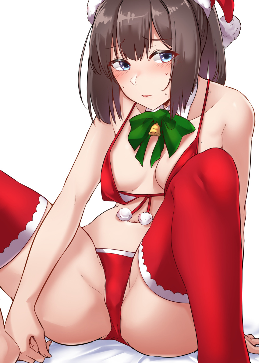 1girl, absurdres, akizuki_(kantai_collection), bangs, bell, bikini, black_hair, blue_eyes