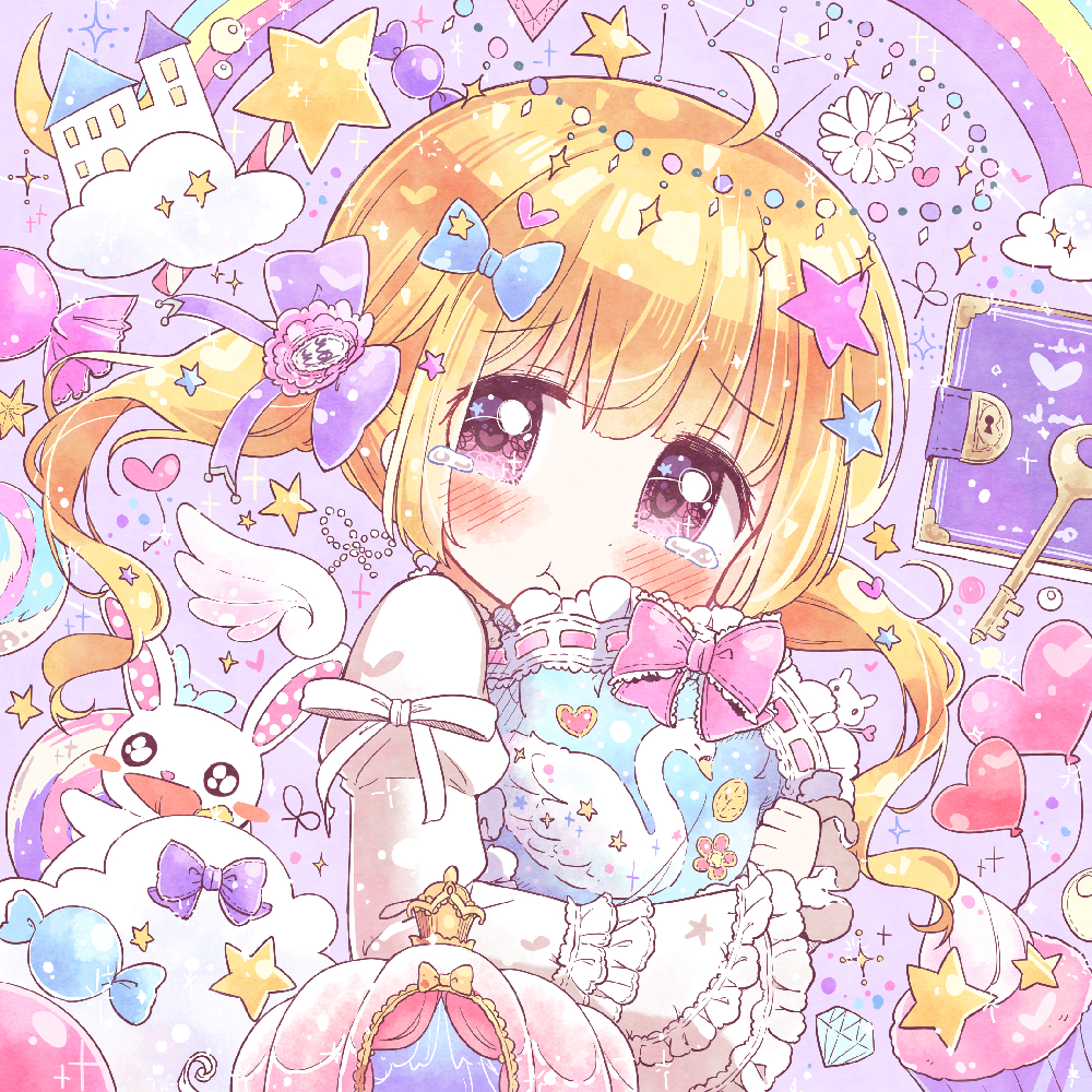 1girl, :t, ahoge, balloon, blonde_hair, blue_bow, bow, closed_mouth, diary, flower, frilled_bow, frilled_pillow, frilled_sleeves, frills, hair_bow, hair_ribbon, heart, holding, holding_pillow, key, long_sleeves, neko_satou, original, pillow, pink_bow, pink_eyes, purple_ribbon, rainbow, ribbon, solo, star_(symbol), tearing_up, twintails, white_ribbon, yume_kawaii