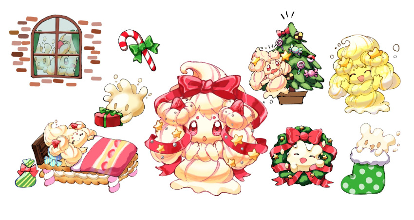 :o, alcremie, candy, candy_cane, christmas, christmas_tree, closed_eyes, commentary_request, food, fruit, gen_8_pokemon, happy, highres, looking_out_window, milcery, mmo_necco, no_humans, on_bed, pokemon, pokemon_(creature), red_eyes, red_ribbon, ribbon, smile, strawberry, under_covers, wreath
