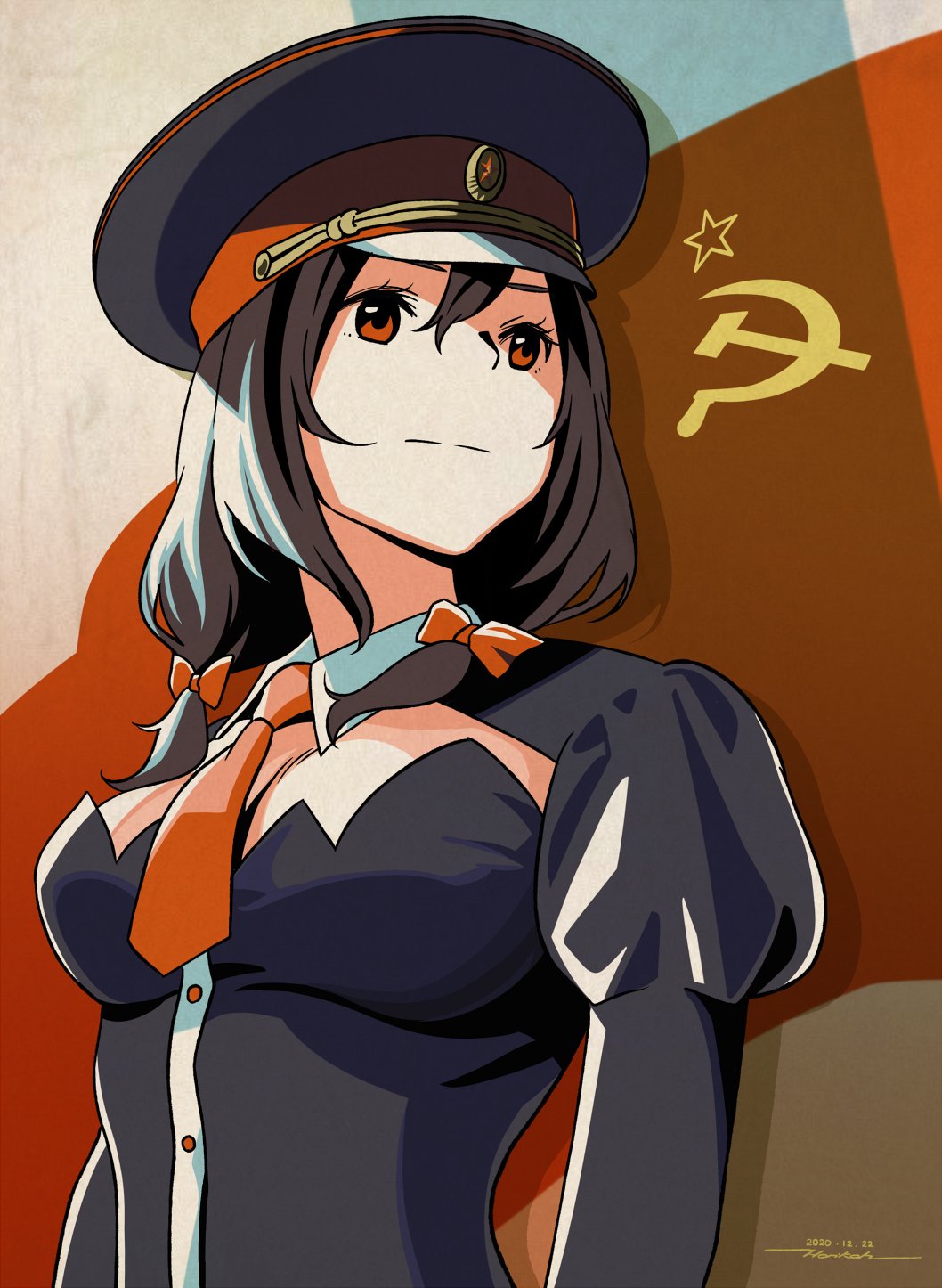 1girl, black_dress, bow, breasts, brown_hair, cleavage_cutout, closed_mouth, clothing_cutout, commission, communism, dated, dress, hair_bow, hammer_and_sickle, hat, highres, horikou, juliet_sleeves, kono_subarashii_sekai_ni_shukufuku_wo!, long_sleeves, medium_breasts, medium_hair, military_hat, necktie, puffy_sleeves, red_bow, red_eyes, red_neckwear, signature, skeb_commission, solo, soviet, upper_body, wing_collar, yunyun_(konosuba)
