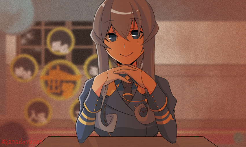 1girl, black_neckwear, blue_eyes, blue_hair, blue_shirt, collared_shirt, doki_doki_literature_club, eyebrows_visible_through_hair, gameplay_mechanics, gloves, gotland_(kantai_collection), hair_between_eyes, half_gloves, kanade_(kanadeya), kantai_collection, long_hair, long_sleeves, military, military_uniform, mole, mole_under_eye, necktie, parody, remodel_(kantai_collection), shirt, smile, solo, twitter_username, uniform, white_gloves