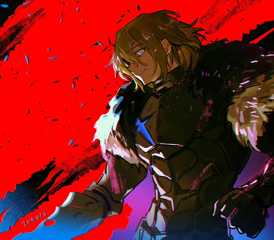 1boy, armor, black_eyepatch, blonde_hair, blue_eyes, breastplate, dated, dimitri_alexandre_blaiddyd
