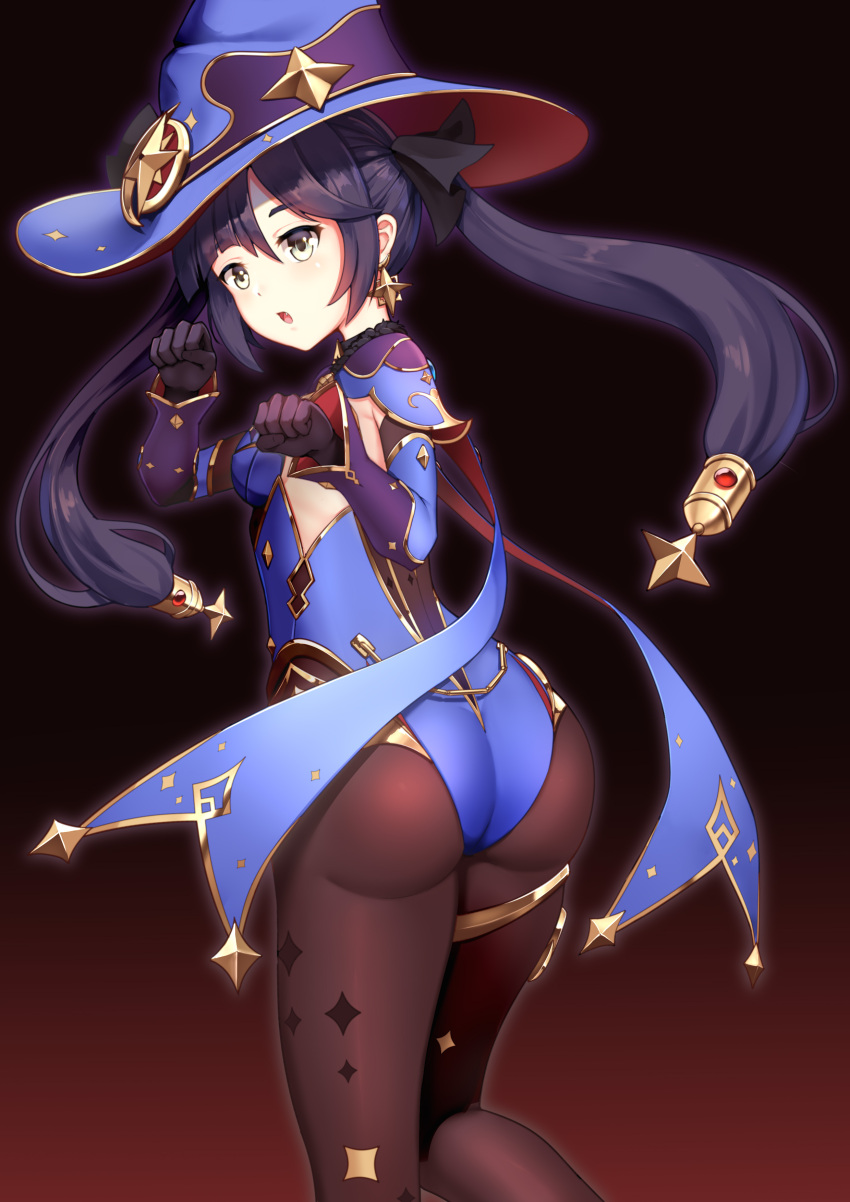1girl, absurdres, ass, black_legwear, blue_headwear, blue_leotard, bow, bushi_j