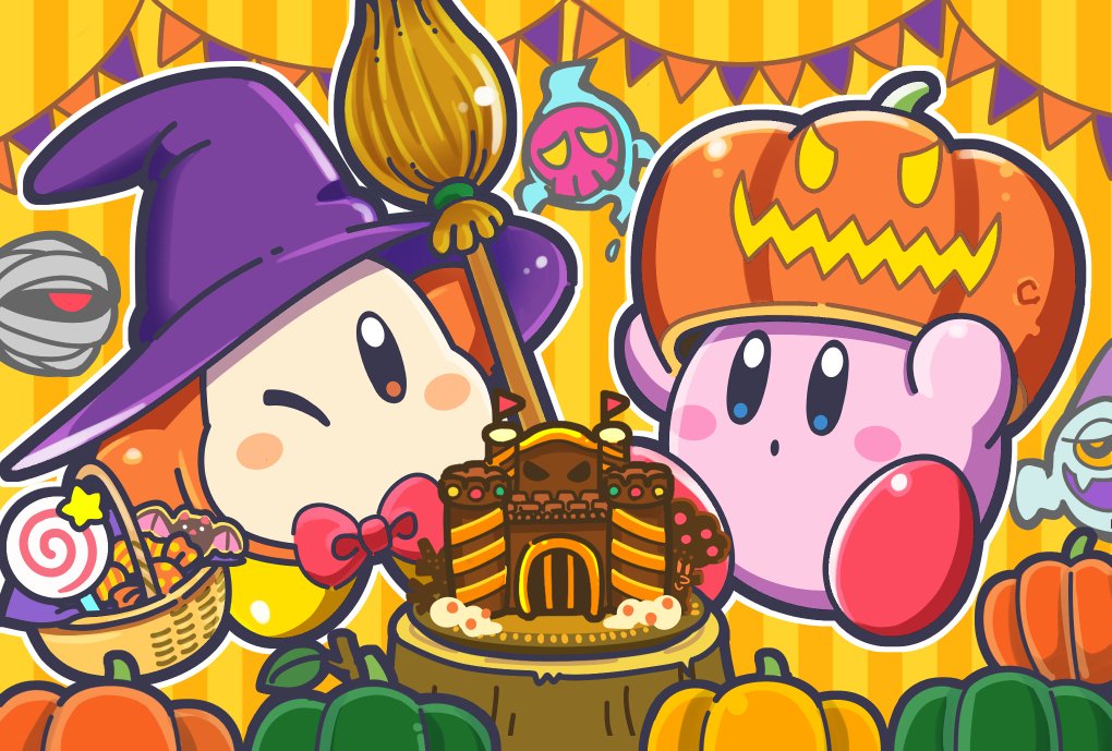 2others, ;), banner, basket, blue_eyes, blush_stickers, bow, bowtie, broom, candy, castle, channel_ppp, commentary_request, food, foorlowber, ghost, halloween, hat, invincible_candy, kirby, kirby_(series), lollipop, mumbies_(kirby), official_art, one_eye_closed, orange_background, orange_eyes, pumpkin, pumpkin_hat, red_neckwear, simple_background, sitting, smile, striped, striped_background, tedhaun_jr., waddle_dee, witch_hat