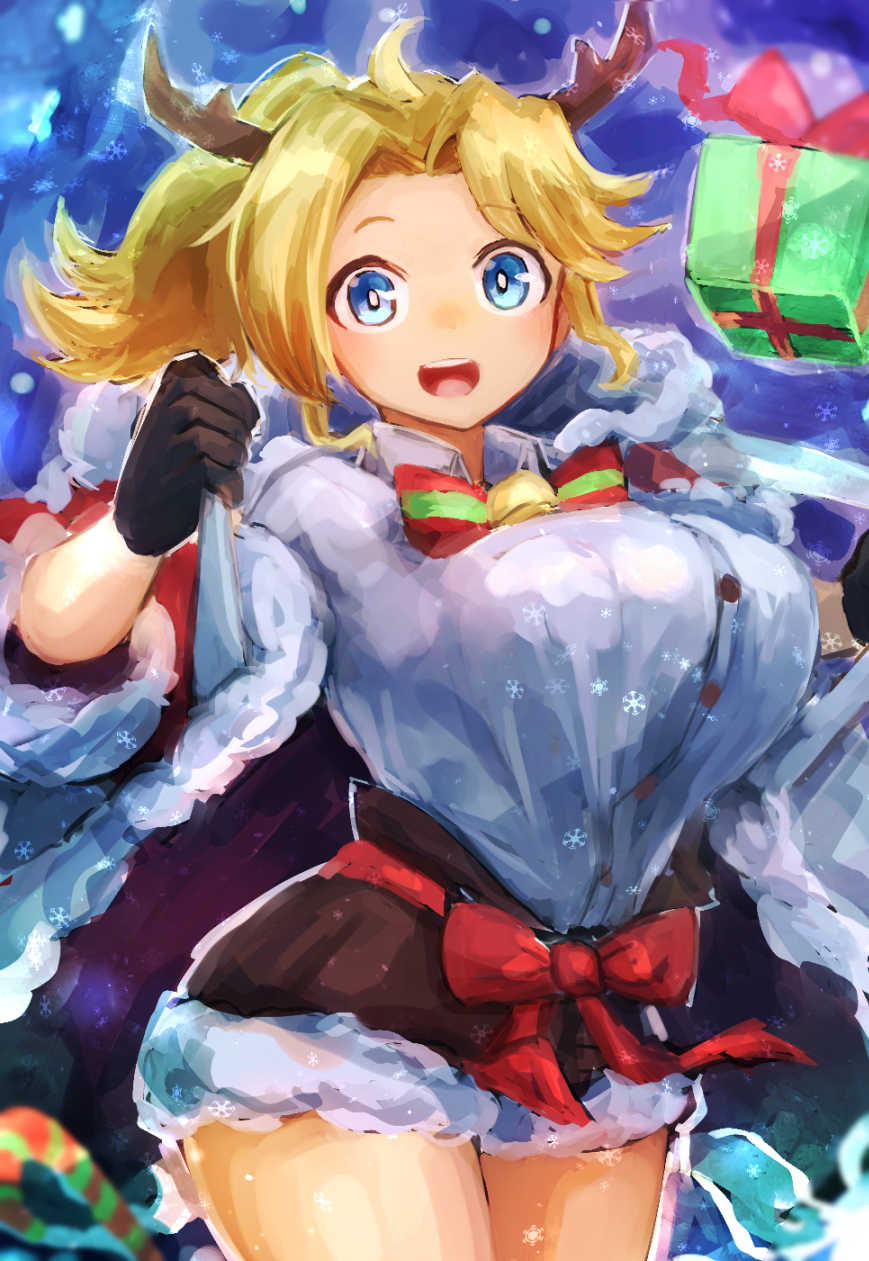 1girl, ahoge, aikawa_rumi, antlers, black_gloves, blonde_hair, blue_eyes, bow