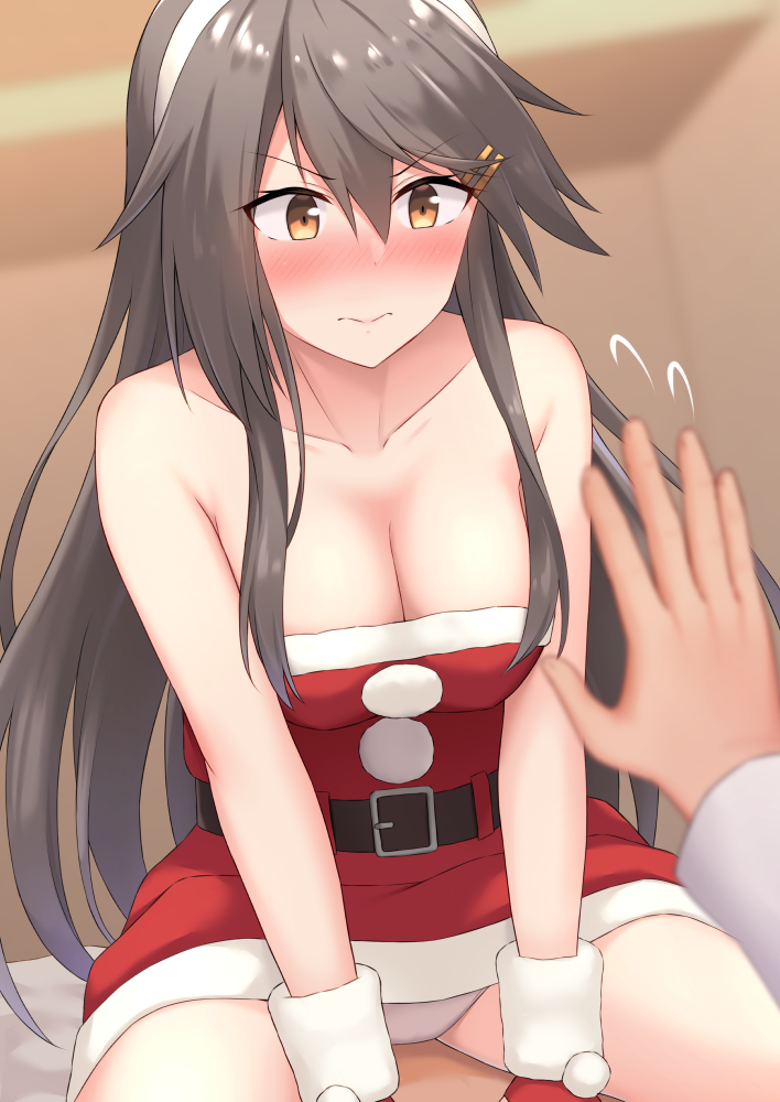 1girl, akahi242, belt, black_belt, blush, dress, fur-trimmed_dress, fur-trimmed_gloves