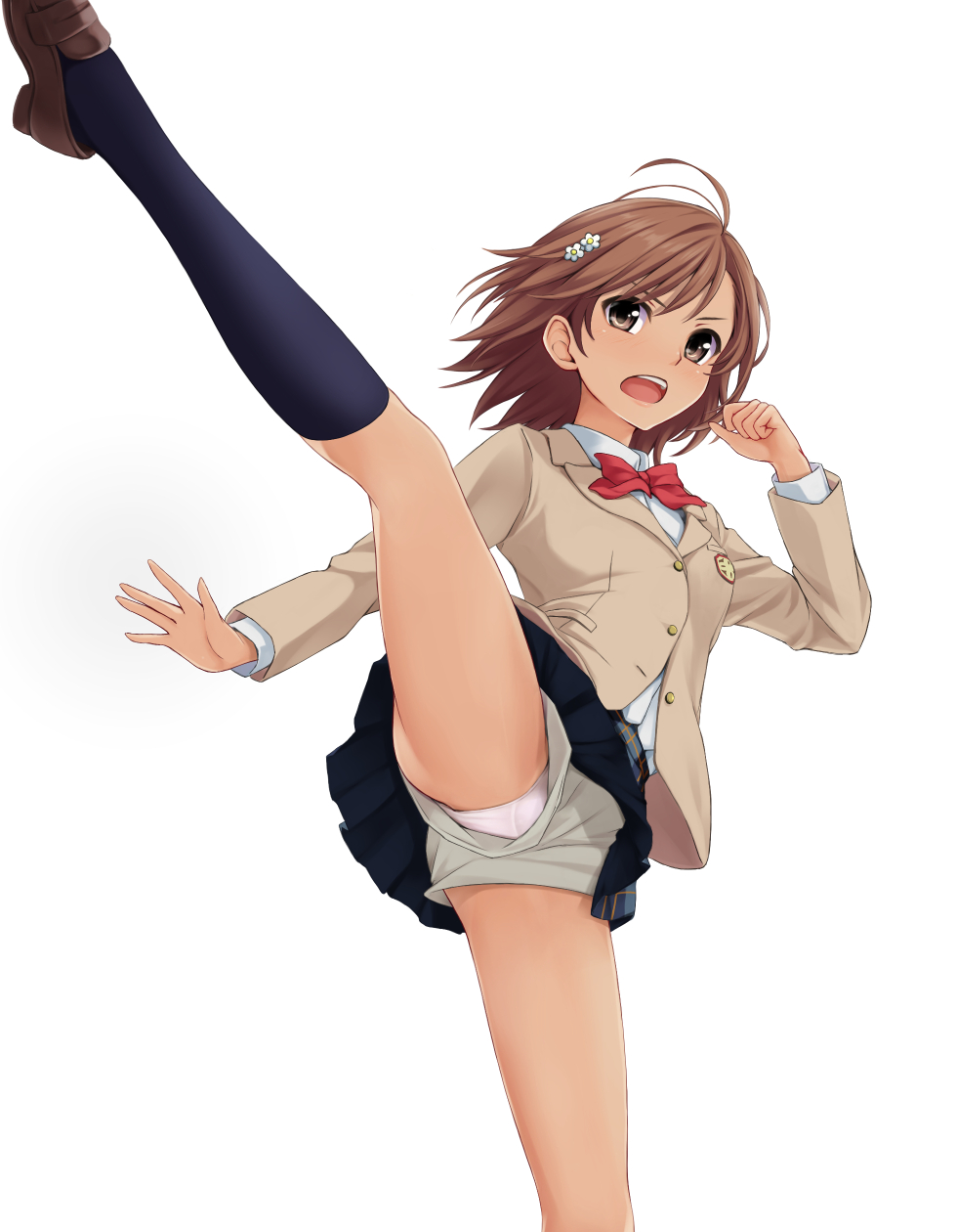 1girl, ahoge, balancing, bangs, black_legwear, blazer, blue_skirt, bob_cut