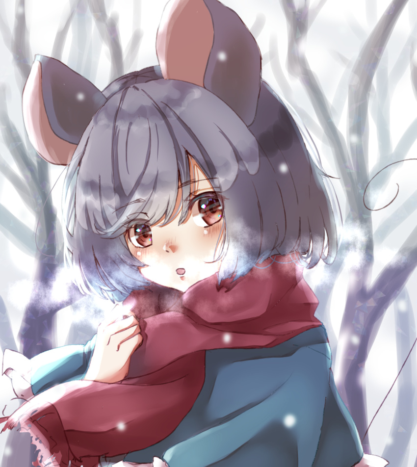 1girl, :o, absurdres, animal_ears, bangs, bare_tree, blue_capelet, blush