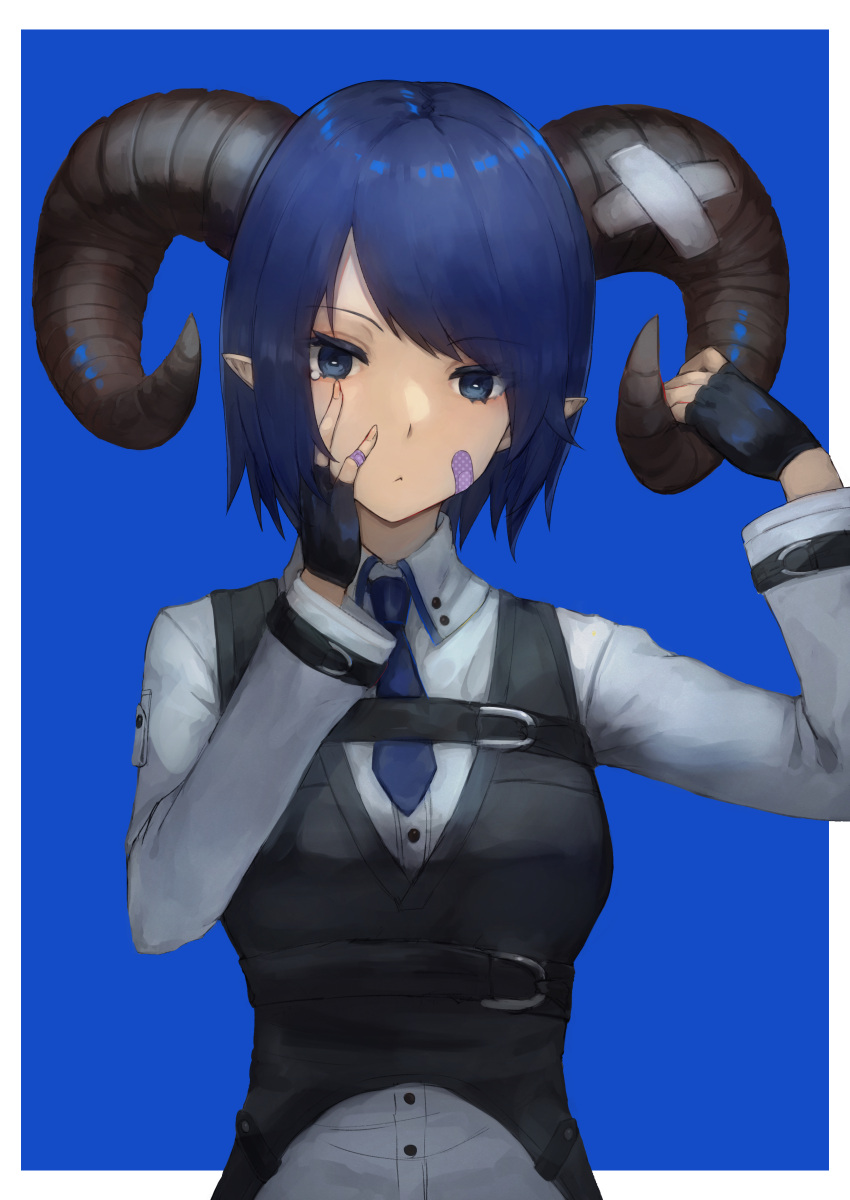 1girl, :<, absurdres, bandaged_horns, bandaid, bandaid_on_face, bandaid_on_hand, black_gloves