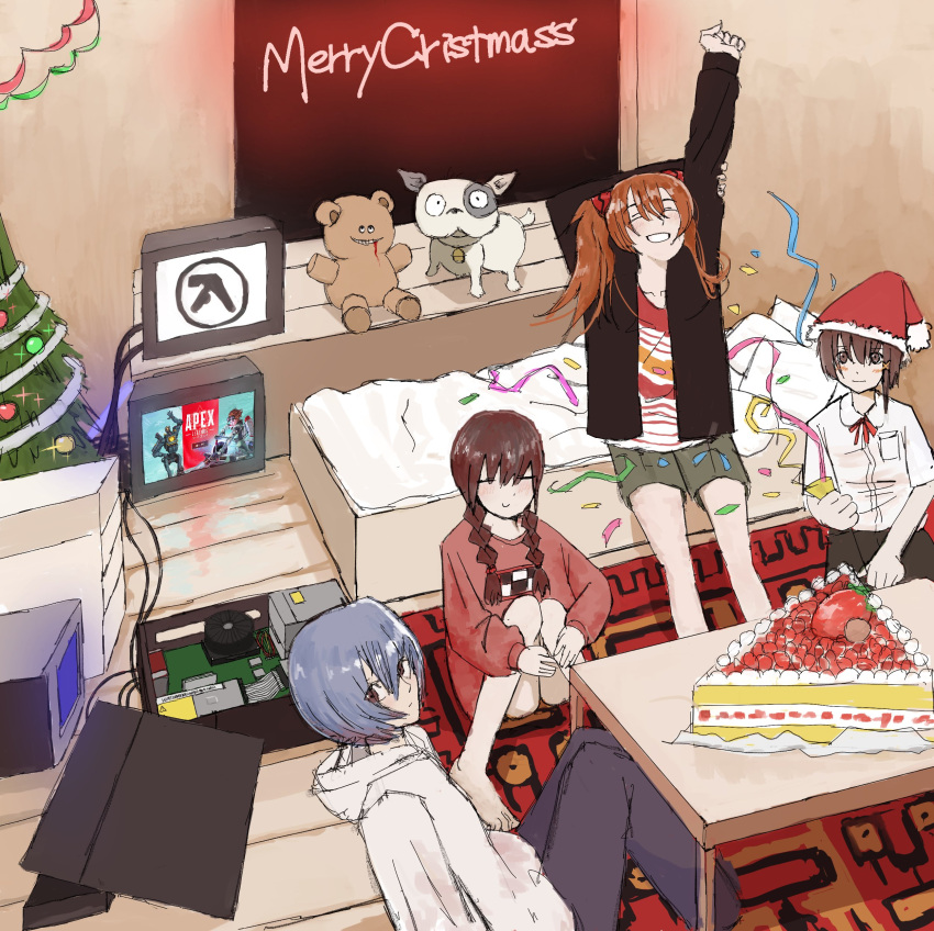 4girls, :d, =_=, absurdres, alternate_costume, apex_legends, asymmetrical_hair, ayanami_rei