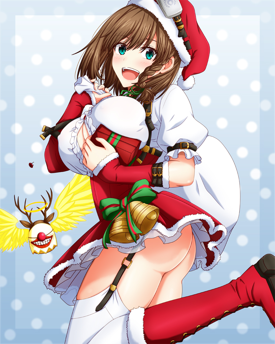 1girl, aqua_eyes, ass, bangs, bell, blush, boots, box