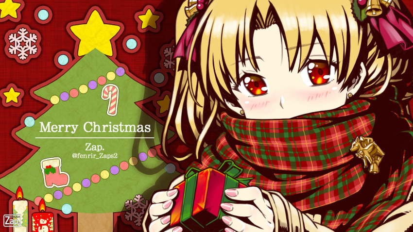 1girl, artist_name, bangs, bell, blonde_hair, blush, box, breasts