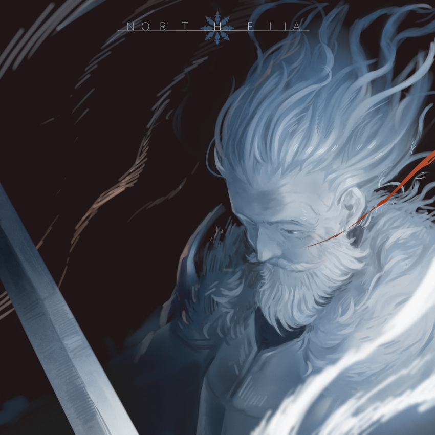 1boy, aiden_the_holy_sword, armor, beard, blood, dark_background, english_commentary, facial_hair