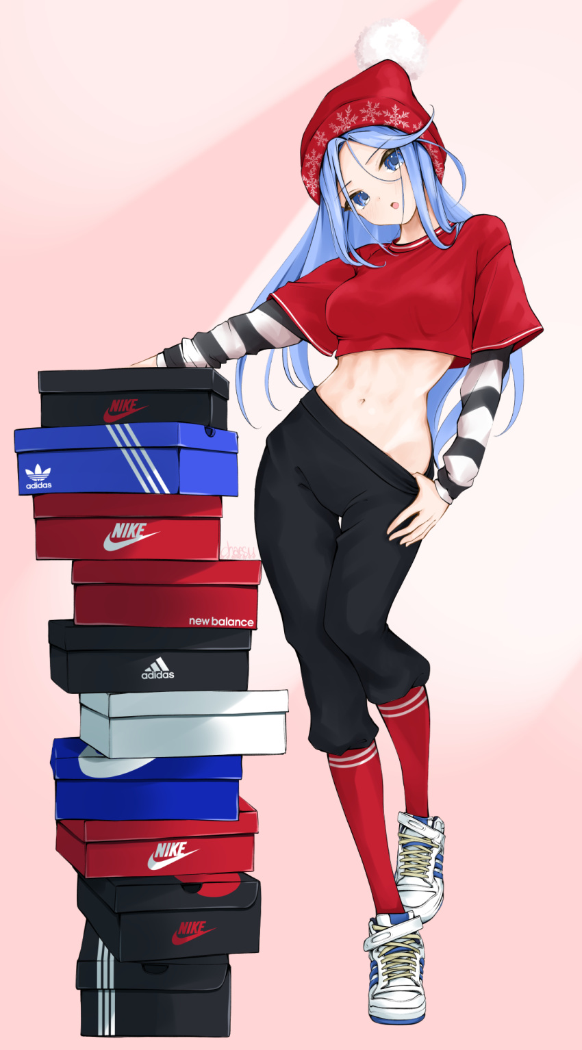1girl, :o, adidas, beanie, black_pants, blue_eyes, blue_hair, bobblehat
