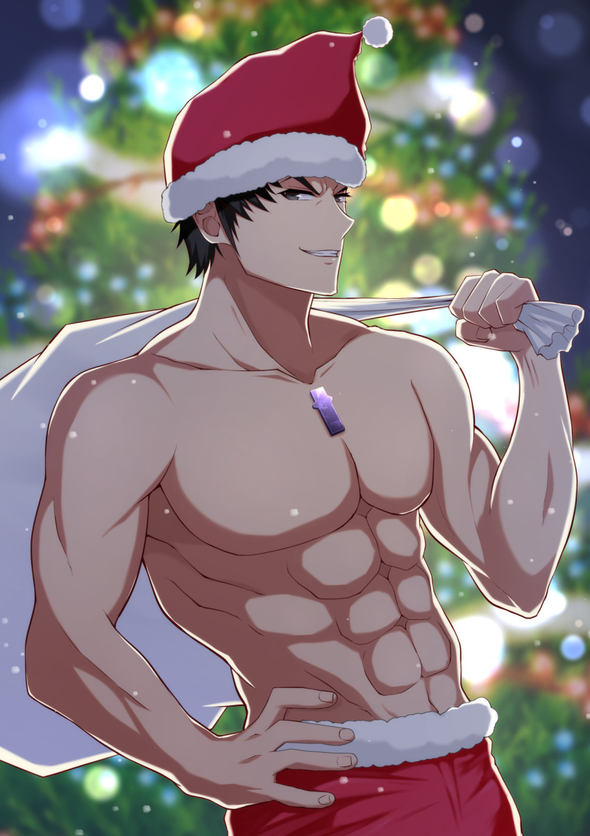 1boy, :d, abs, black_eyes, black_hair, blurry, blurry_background, bobblehat