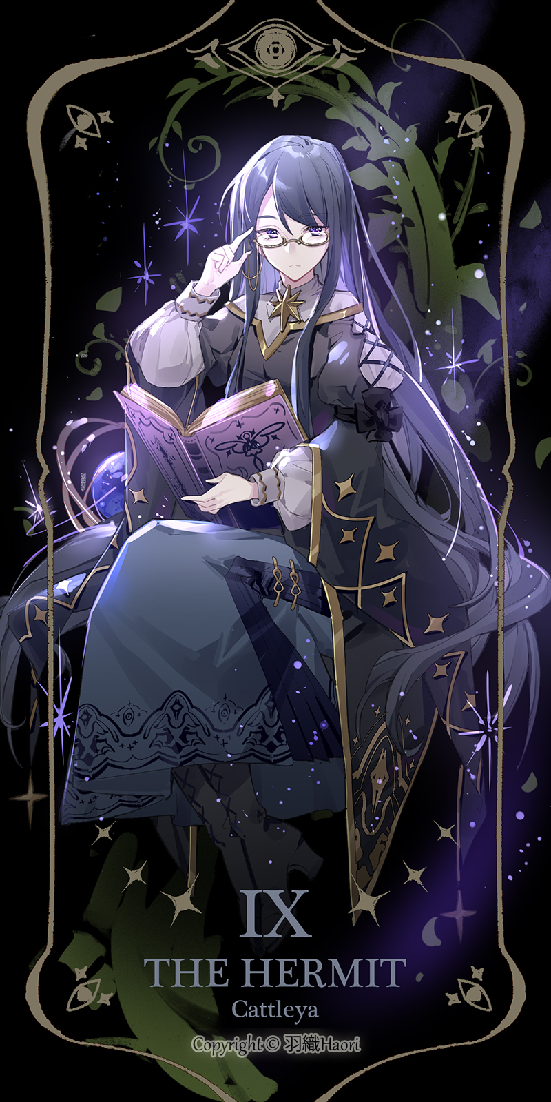 1girl, black_dress, book, cape, cattleya_(lord_of_the_mysteries), dress, eye_print, f.l.c., glasses, highres, holding, holding_eyewear, long_hair, looking_at_viewer, lord_of_the_mysteries, numbered, open_book, puffy_sleeves, purple_hair, roman_numeral, shirt, signature, solo, star_(symbol), tarot, tarot_arcana, the_hermit_(tarot), violet_eyes, white_shirt