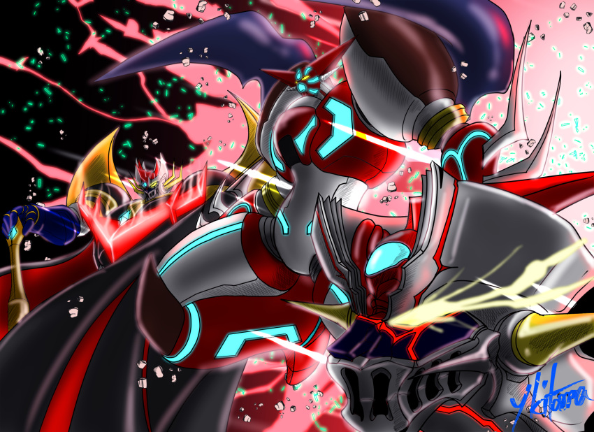blue_eyes, cape, explosion, getter_robo, glowing, glowing_eyes, highres, holding