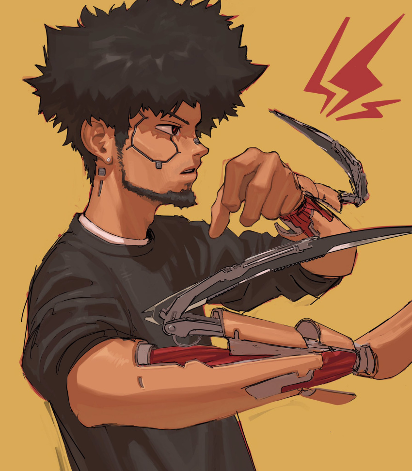 1boy, afro, arm_blade, beard, black_shirt, cyberpunk, cyberpunk_2077, cyborg