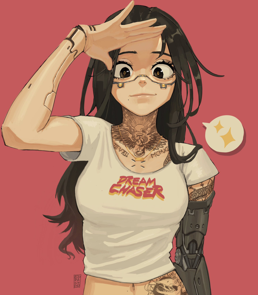 1girl, black_eyes, black_hair, breasts, cyberpunk, cyberpunk_2077, cyborg, edpan, english_commentary, graphic_shirt, highres, jewelry, long_hair, looking_at_viewer, mechanical_arm, medium_breasts, navel, necklace, salute, shirt, smile, solo, sparkle, speech_bubble, spoken_sparkle, t-shirt, tattoo, white_shirt