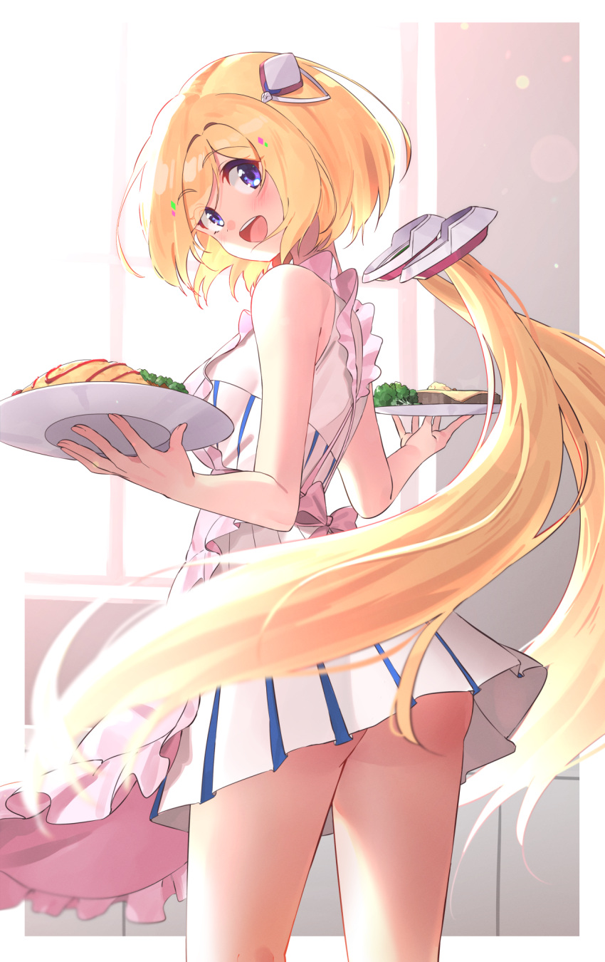 1girl, :d, aki_rosenthal, apron, ass, bangs, bare_arms, bare_legs