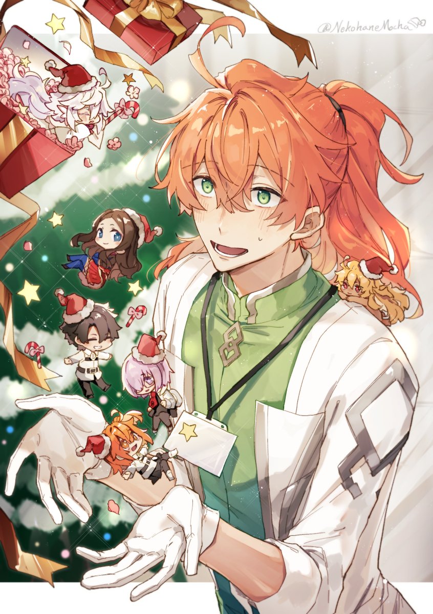 3boys, 3girls, ahoge, bangs, blush, box, chaldea_uniform, chibi