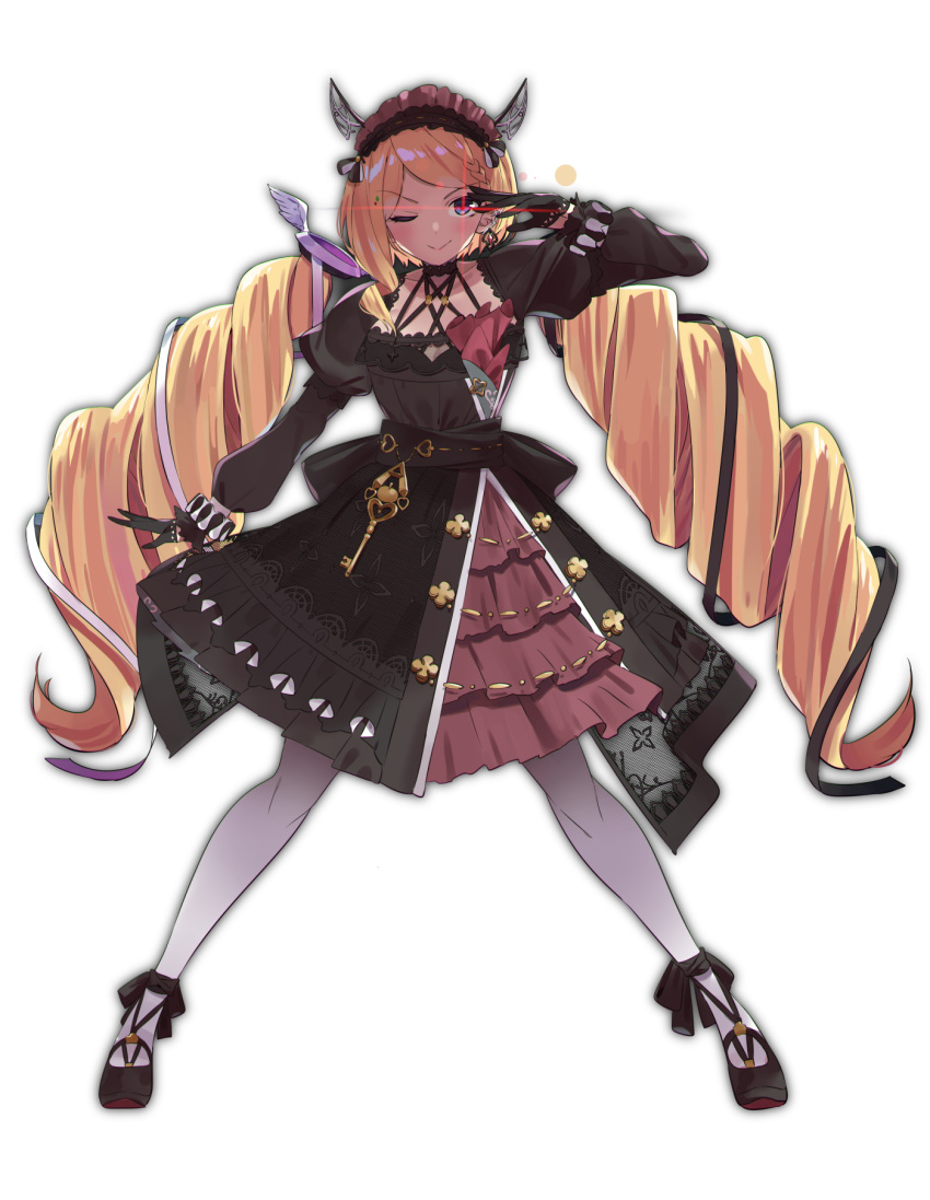 >:), 1girl, aki_rosenthal, black_dress, black_footwear, black_gloves, blonde_hair, braid, closed_mouth, collarbone, commentary, detached_hair, determined, dress, drill_hair, electriccross, french_braid, gloves, glowing, glowing_eye, gothic_lolita, hairband, half_gloves, halter_dress, highres, hololive, juliet_sleeves, key, lace, lace-trimmed_dress, lace_trim, layered_dress, legs_apart, lolita_fashion, lolita_hairband, long_hair, long_sleeves, looking_at_viewer, low_twintails, maid_headdress, mary_janes, one_eye_closed, pantyhose, puffy_sleeves, sash, shoes, simple_background, smile, solo, standing, twin_drills, twintails, v-shaped_eyebrows, violet_eyes, virtual_youtuber, white_background, white_legwear