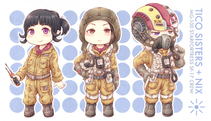 1boy, 2girls, black_hair, blue_eyes, blush, brown_gloves, chibi, gloves, hand_on_hip, helmet, looking_down, multiple_girls, nix_jerd, nosh, paige_tico, pilot_suit, ponytail, red_eyes, rose_tico, science_fiction, smile, star_wars, star_wars:_the_last_jedi, tied_hair, v-shaped_eyebrows, violet_eyes