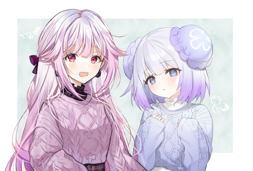 2girls, bow, hair_between_eyes, hair_bow, hair_ornament, long_hair, multicolored_hair, multiple_girls, narusegawa_riko, pink_hair, pro_production, sakura_isumi, short_hair, umituki_yuru, virtual_youtuber
