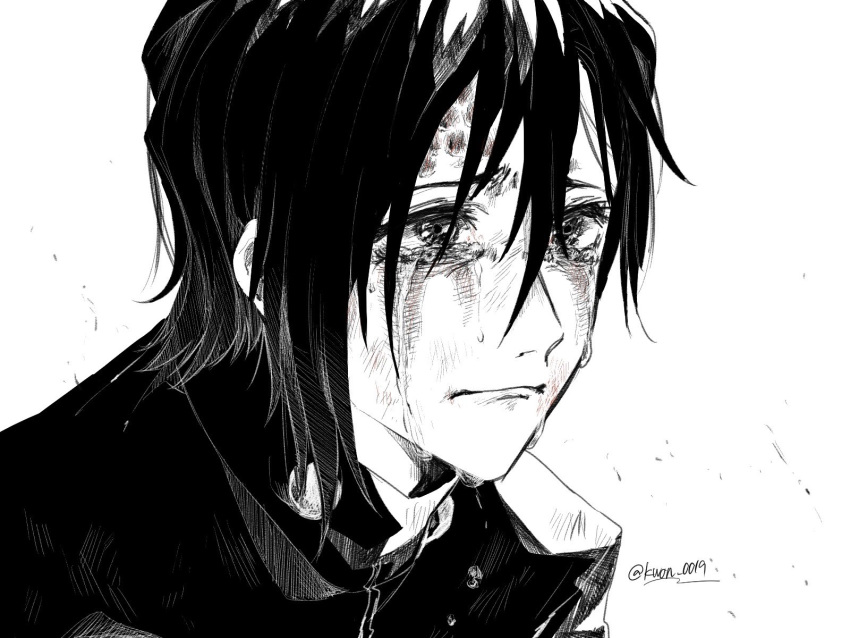 1boy, bangs, closed_mouth, crying, crying_with_eyes_open, dirty, dirty_face, gakuran, greyscale, hair_between_eyes, highres, injury, jacket, jujutsu_kaisen, kwon_0019, looking_away, male_focus, monochrome, scar_on_forehead, school_uniform, short_hair, simple_background, solo, tears, twitter_username, upper_body, yoshino_junpei