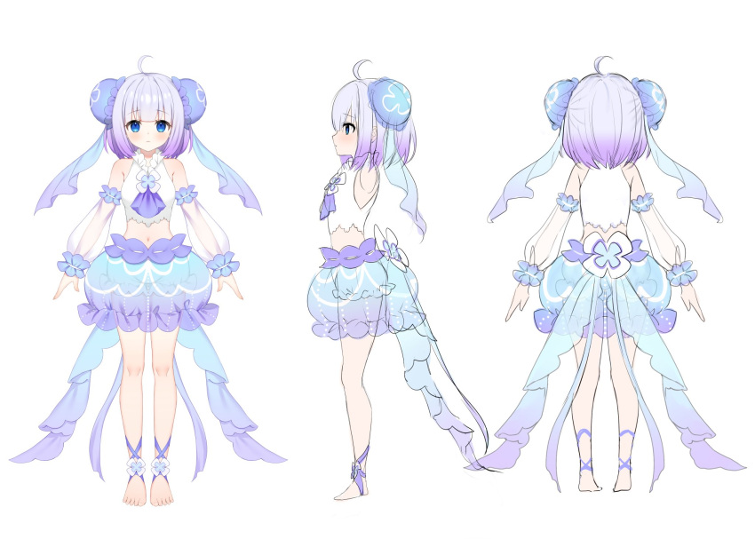 1girl, ahoge, character_sheet, full_body, hair_bobbles, hair_ornament, highres, light_blue_hair, multicolored_hair, narusegawa_riko, official_art, pro_production, purple_hair, umituki_yuru, virtual_youtuber