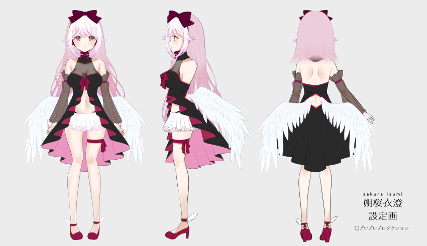 1girl, absurdres, angel_wings, black_sleeves, bow, character_sheet, feathered_wings, feathers, hair_bow, highres, low_wings, myusha, pink_hair, pro_production, purple_bow, sakura_isumi, virtual_youtuber, white_feathers, white_wings, wings