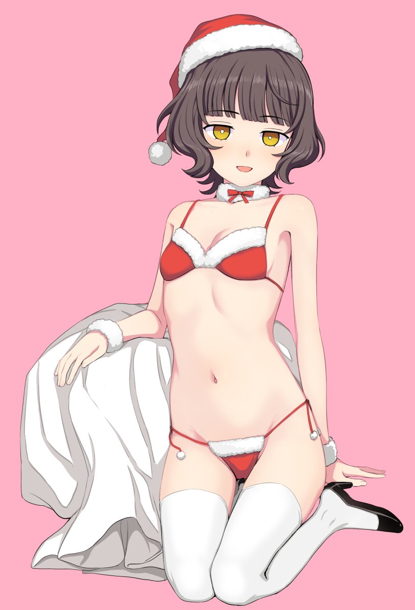 1girl, alternate_costume, bangs, bikini, blunt_bangs, blush, breasts, brown_eyes