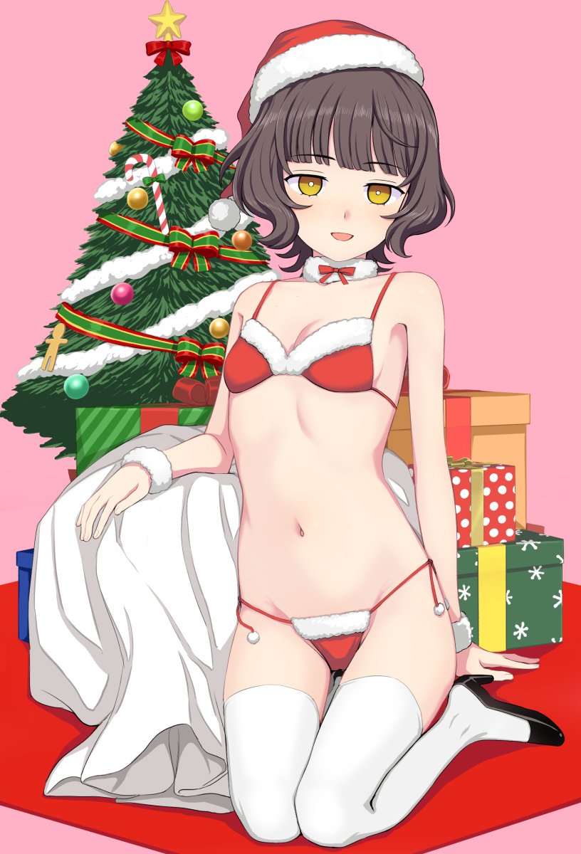 1girl, alternate_costume, bangs, bikini, blunt_bangs, blush, box, breasts