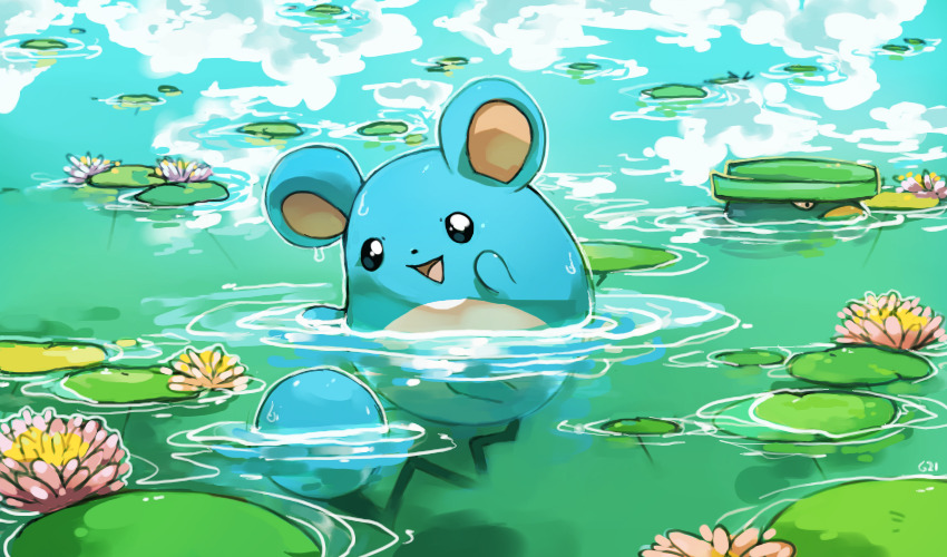 :d, black_eyes, commentary, creature, day, english_commentary, flower, gen_2_pokemon