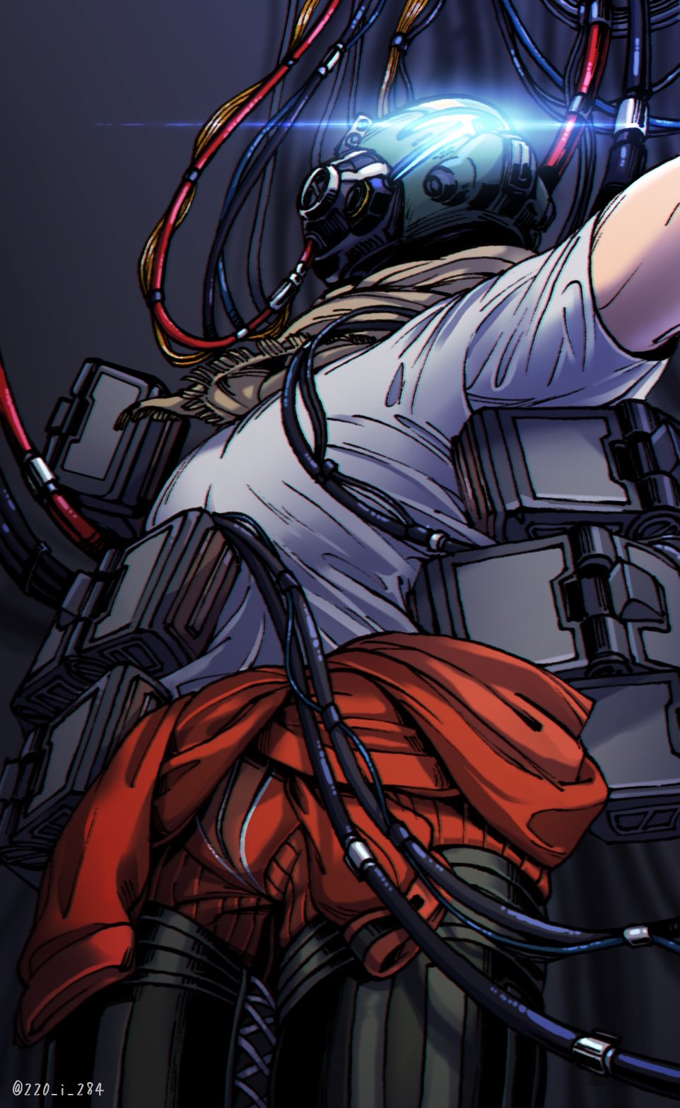 1boy, artist_name, beige_scarf, clothes_around_waist, glowing, helmet, highres, holding_person