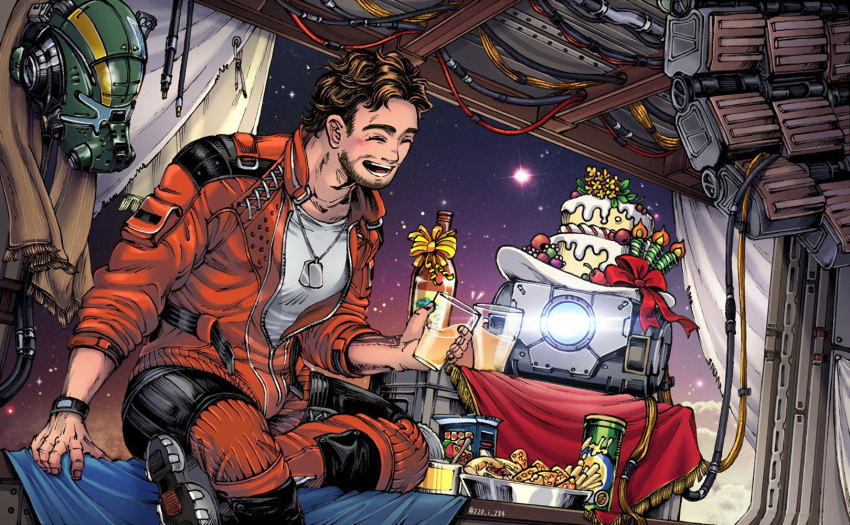 2boys, ^_^, beard, bracelet, brown_hair, bt-7274, cake, closed_eyes